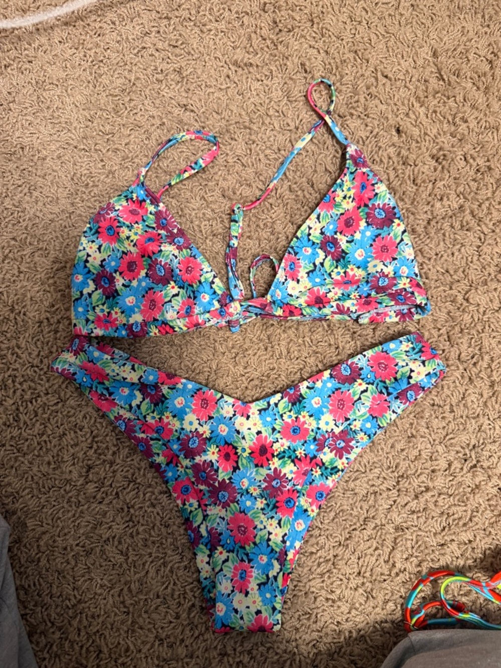 Floral Triangle Tie Bikini Set in Blue and Pink